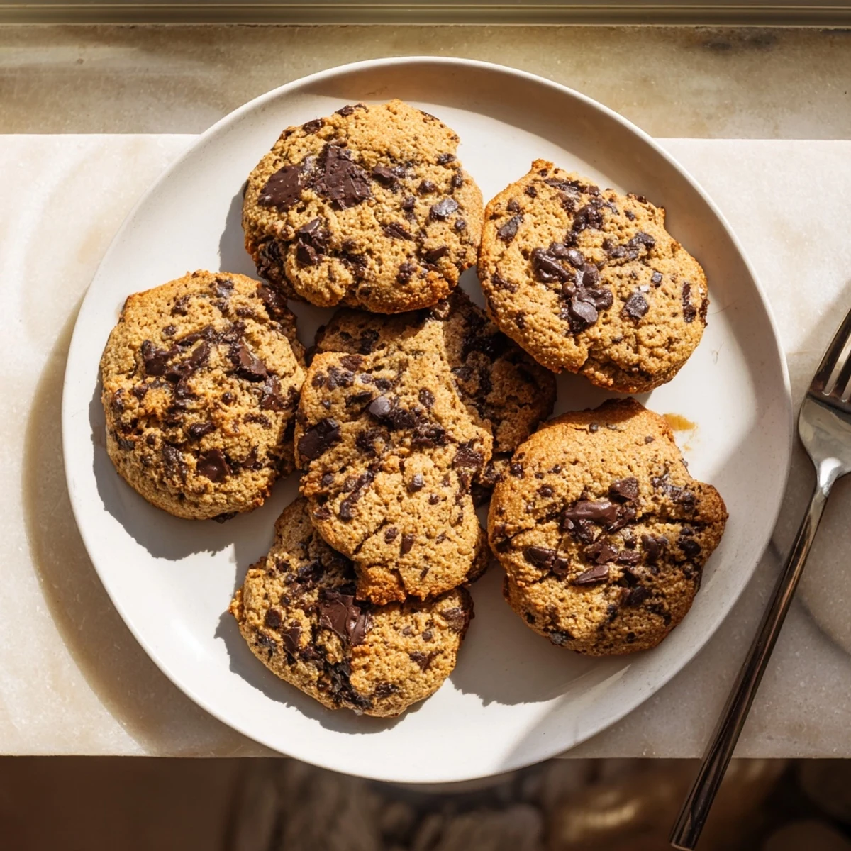Golden low-carb cookies sprinkled with cinnamon and studded with sugar-free chocolate chips on a white plate