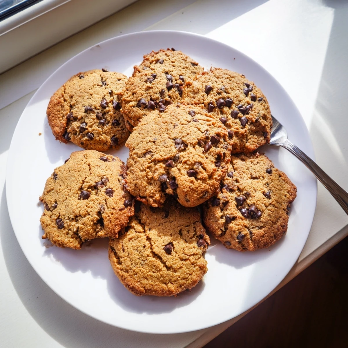 Warm keto maple cinnamon chocolate chip cookies stacked on a baking sheet with golden edges