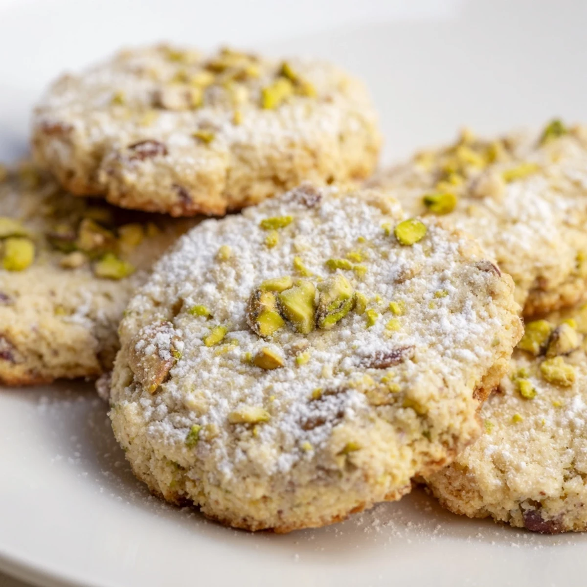 Lightly crisp gluten-free pistachio lemon cookies dusted with powdered sugar on a white plate