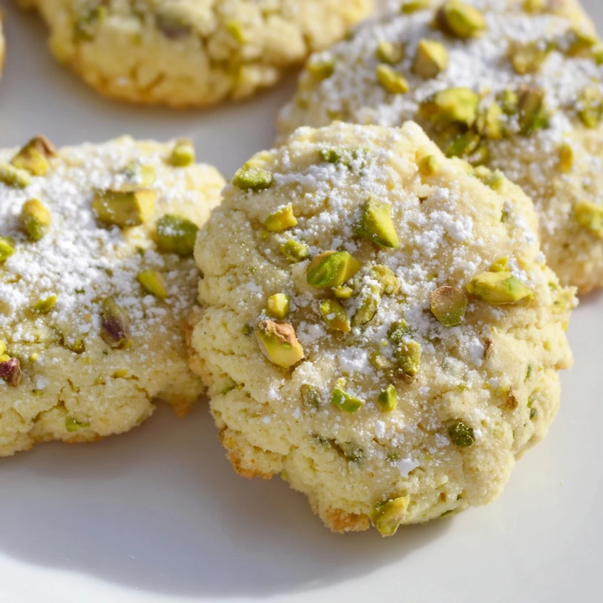 Golden gluten-free pistachio lemon cookies cooling on a wire rack with chopped nut topping