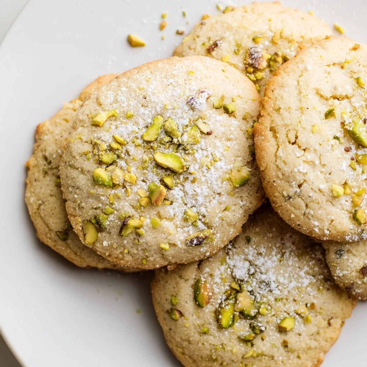 Freshly baked gluten-free pistachio lemon cookies with golden edges and bright lemon zest sprinkled on top