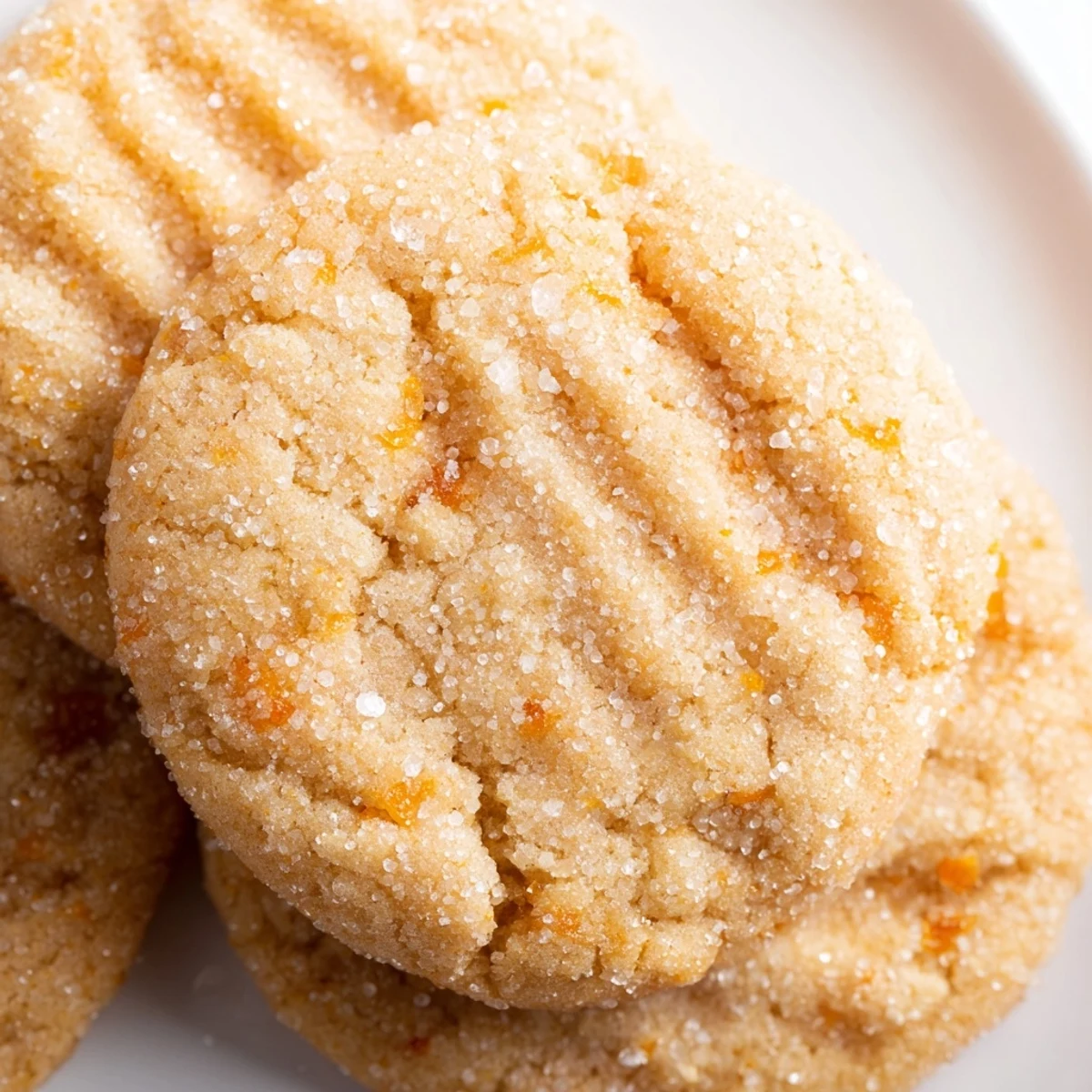 Golden vegan orange cardamom sugar cookies with crinkled sugar-coated tops on a white plate