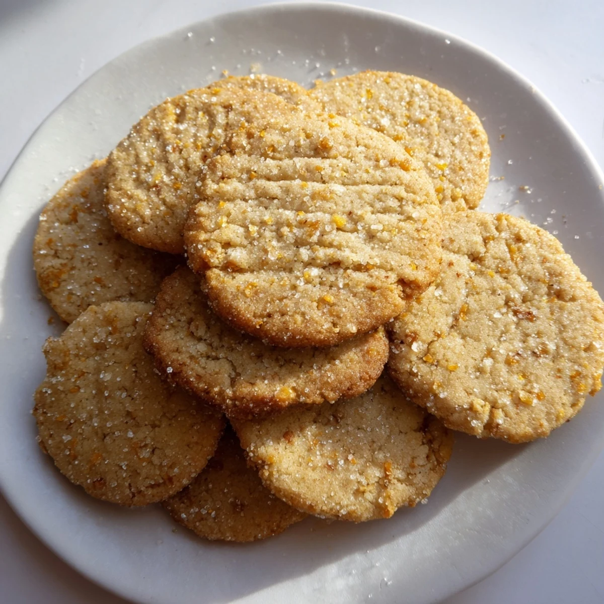 Stack of plant-based orange cardamom sugar cookies garnished with fresh orange zest curls