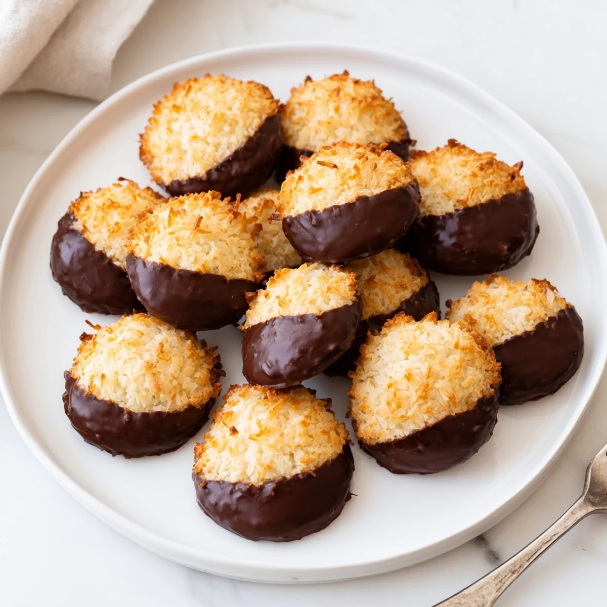 Golden gluten-free chocolate dipped coconut cookies with melted dark chocolate drizzle on a white plate
