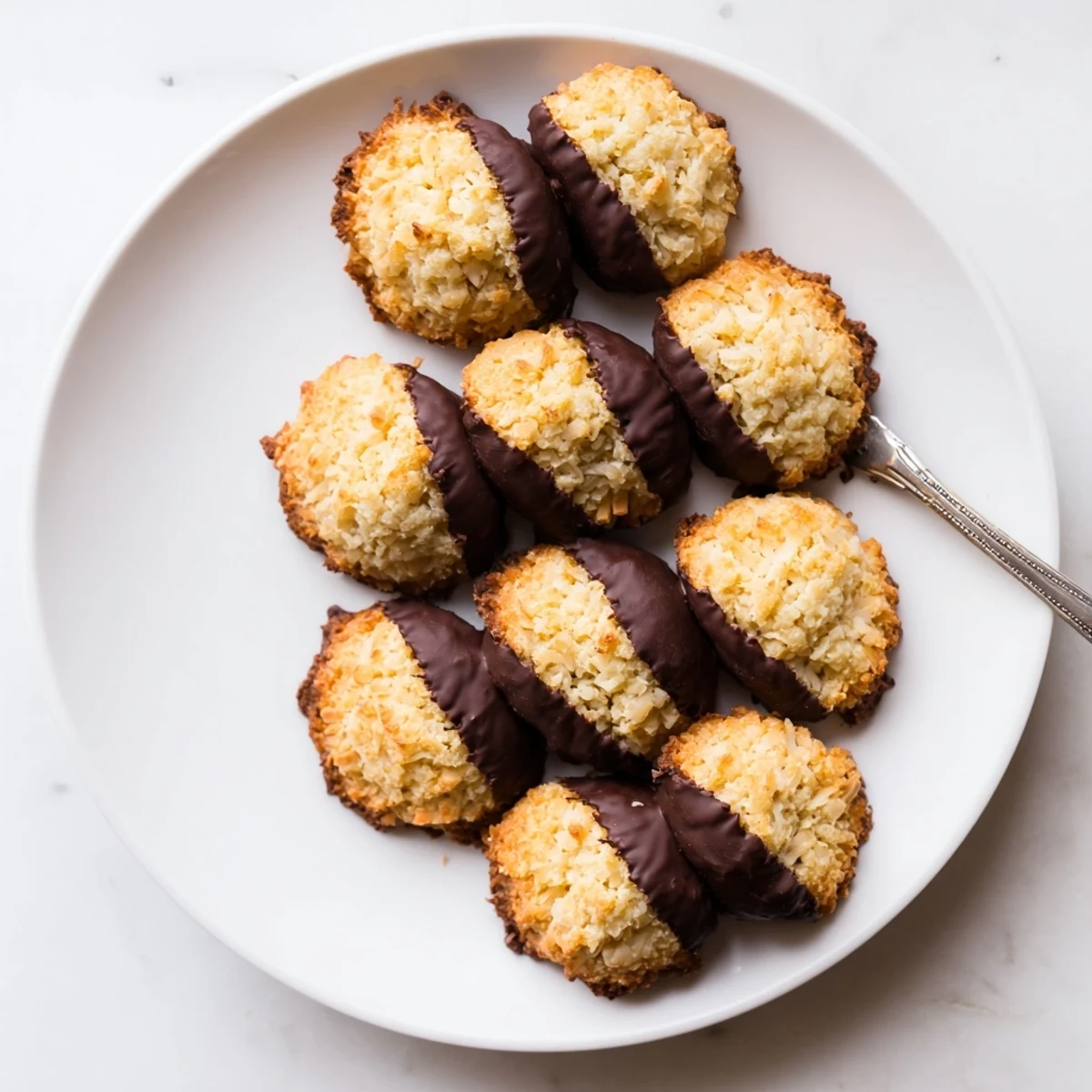 Homemade gluten-free coconut macaroons with smooth chocolate coating, freshly baked and ready to serve
