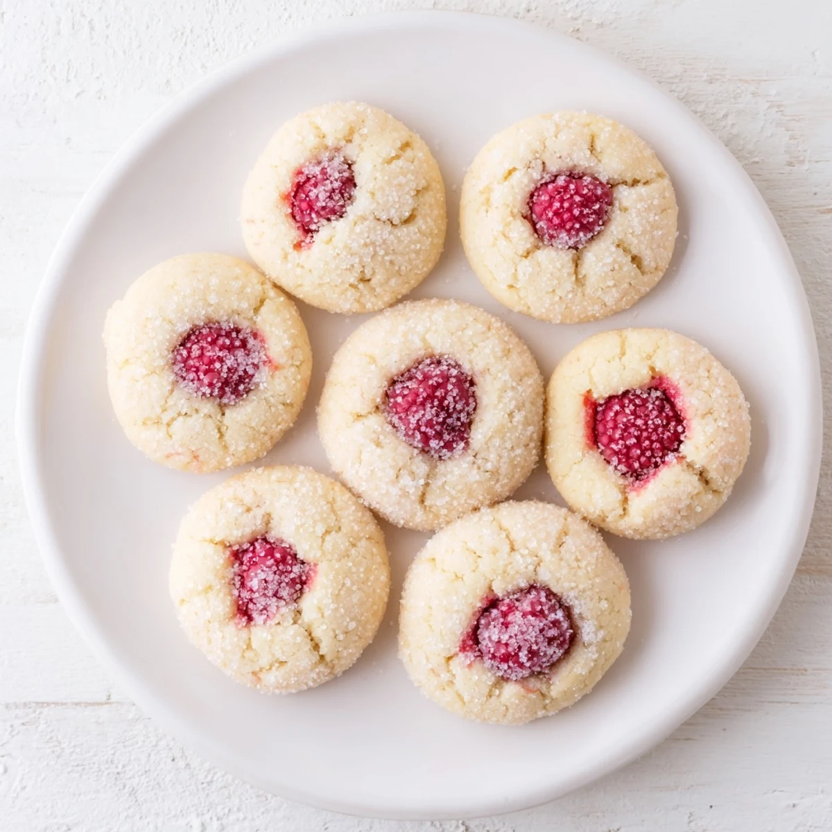 Chewy lemon raspberry sugar cookies topped with sparkling sugar and fresh raspberries on a wooden cutting board