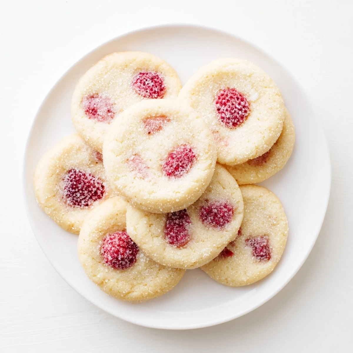 Soft lemon raspberry sugar cookies with juicy red raspberry pieces and golden edges on a white plate
