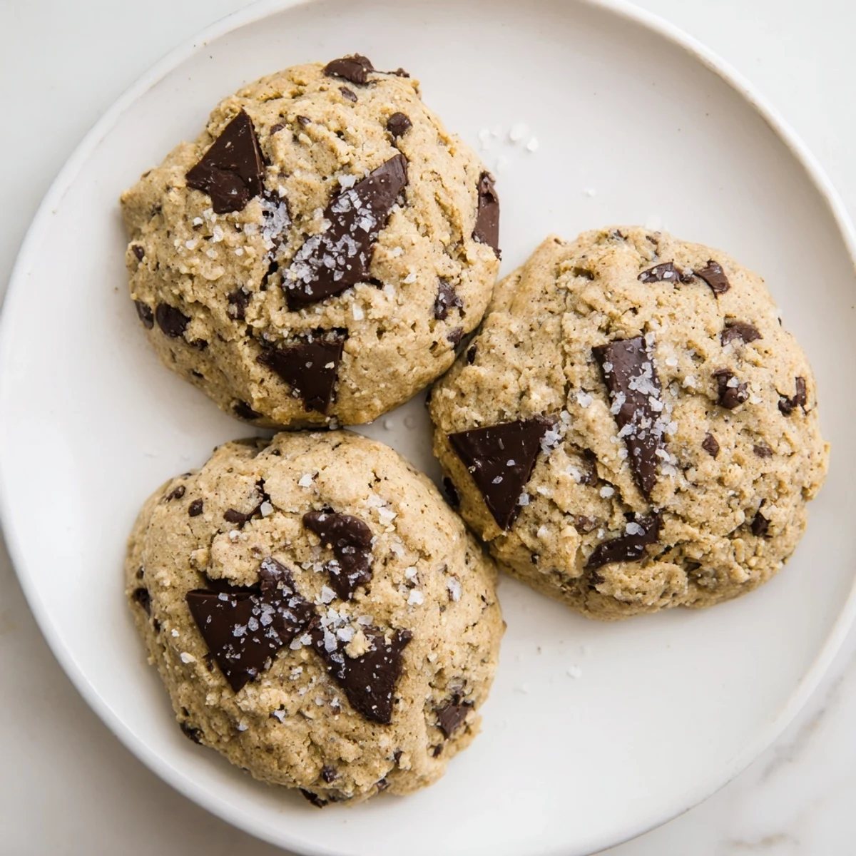 Freshly baked vegan vanilla bean chocolate chip cookies cooling on a wire rack with golden edges