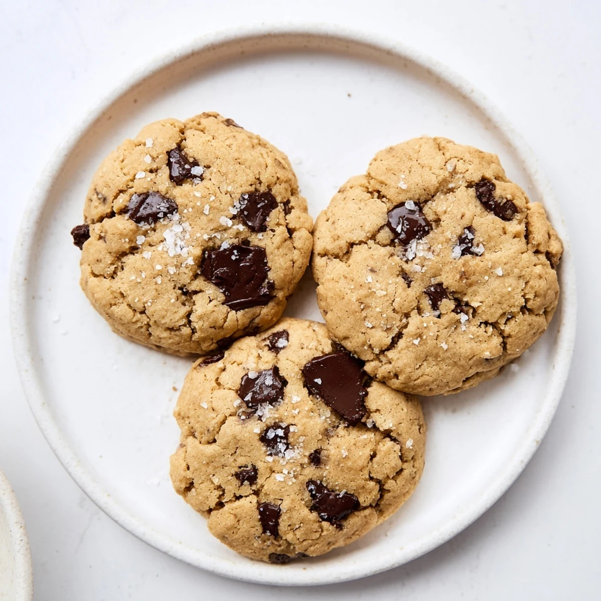 Soft chewy vegan vanilla bean chocolate chip cookies studded with melted chocolate chips on a wooden board