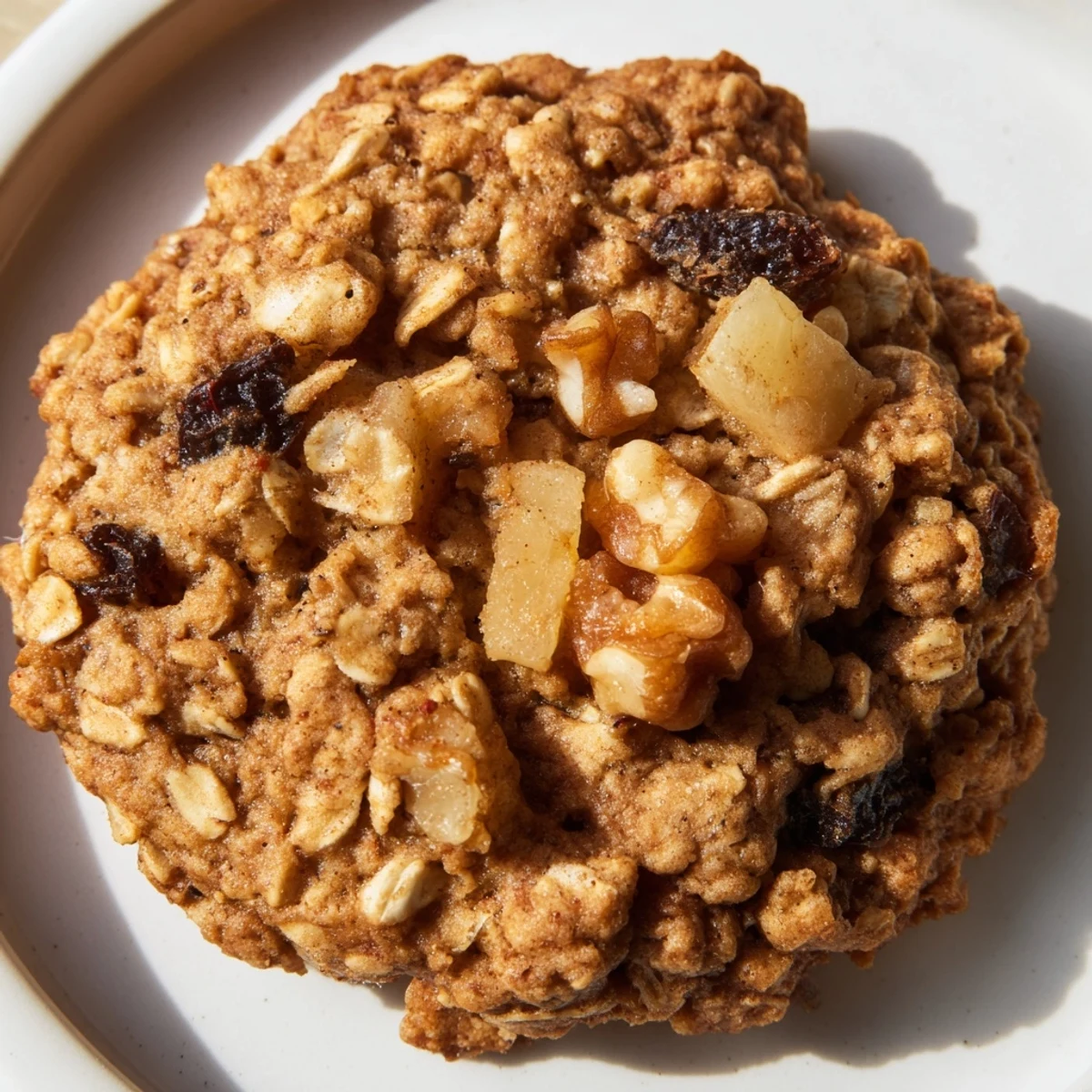 Soft vegan spiced pear oatmeal raisin cookies with golden edges and visible diced pear pieces