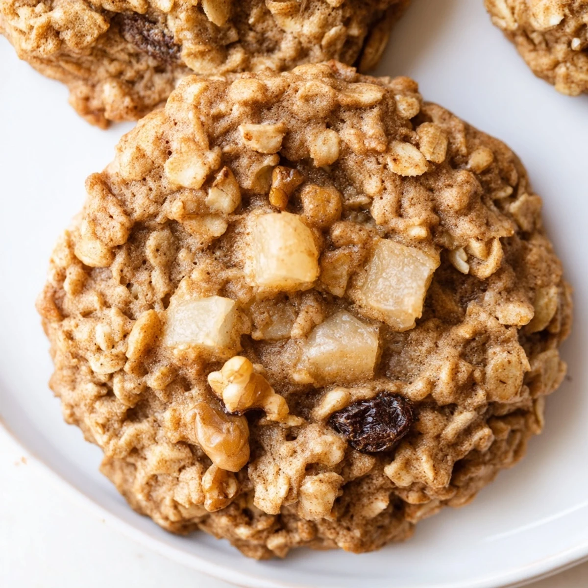 Homemade vegan spiced pear oatmeal raisin cookies stacked neatly showing tender texture and raisin pockets