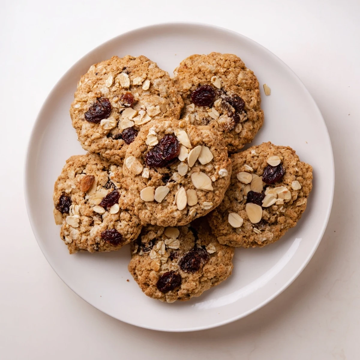 Golden cherry almond oatmeal raisin cookies stacked on a wooden cutting board with visible chunks of red cherries and sliced almonds