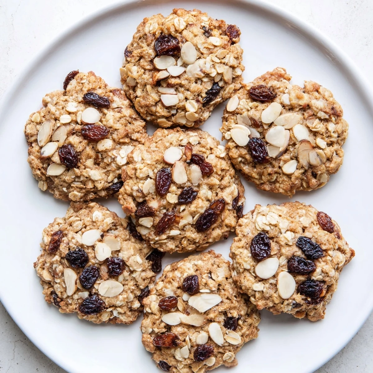 Chewy homemade cherry almond oatmeal raisin cookies fresh from the oven with raisins and almond pieces peeking through the golden brown dough