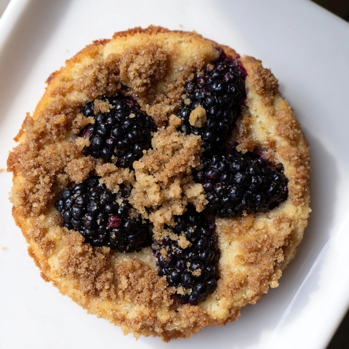 Fresh blackberry stuffed gluten-free cookies baked with cinnamon crumble on a white plate