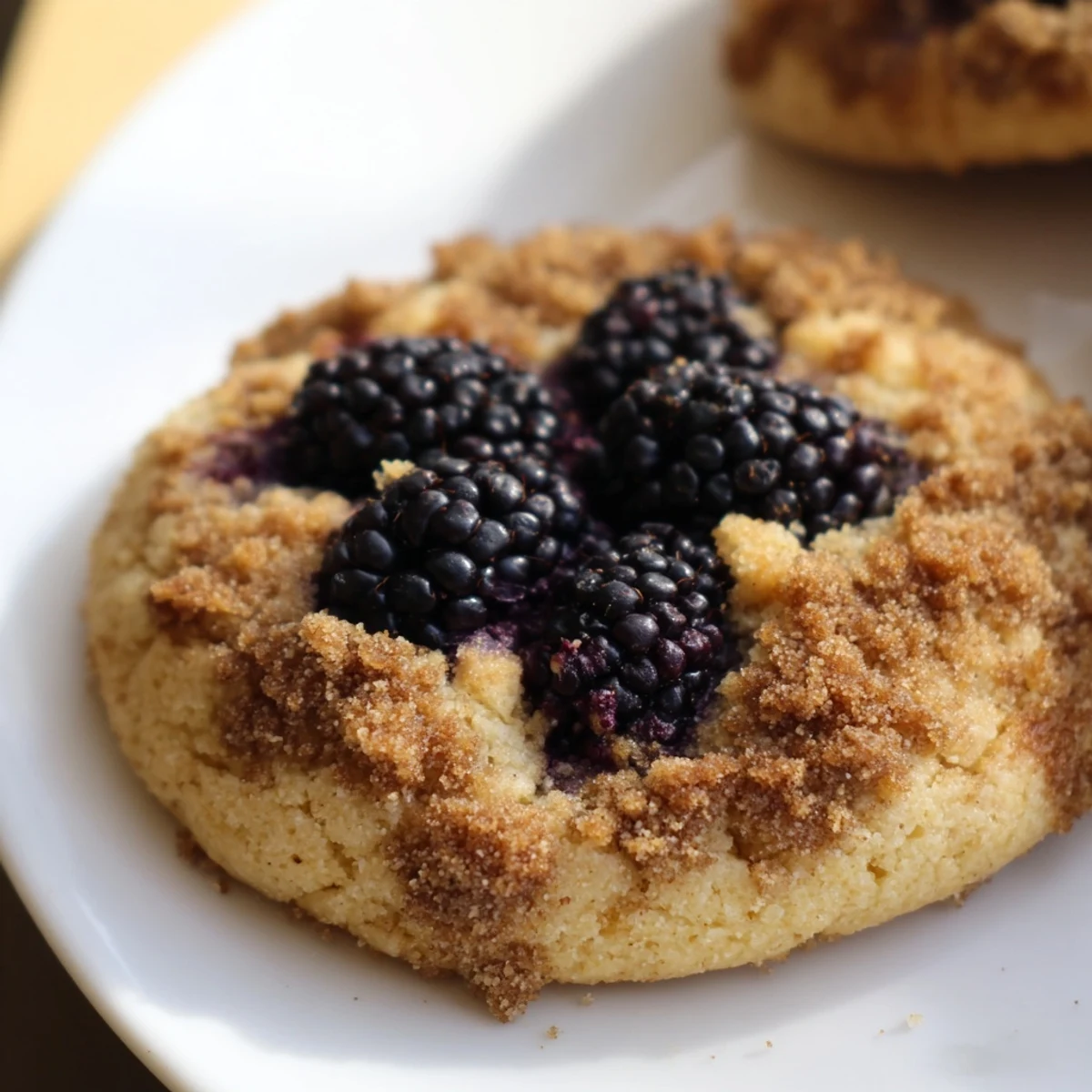 Warm gluten-free blackberry crumble cookies cooling on a wire rack with golden edges
