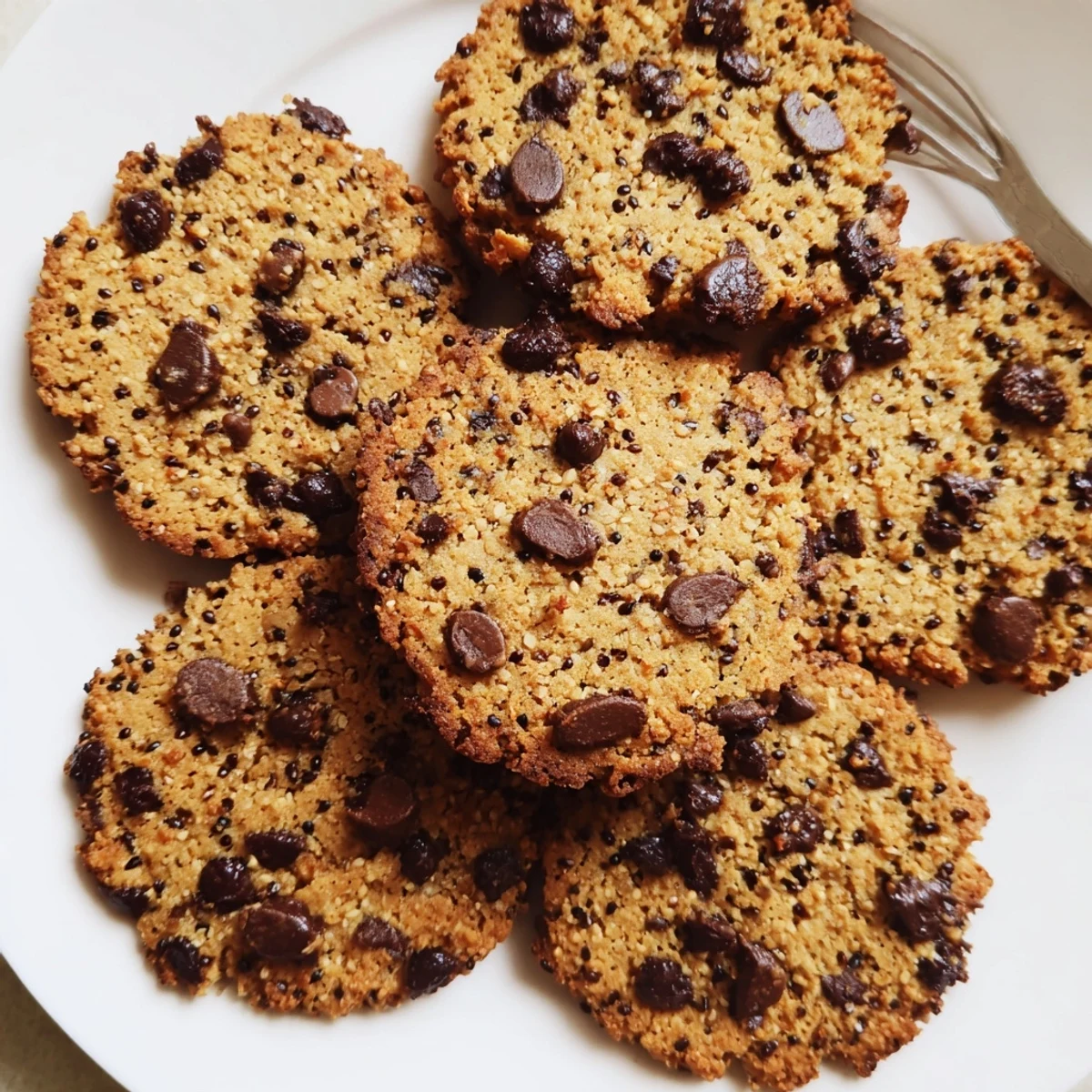 Freshly baked low carb sesame chocolate chip cookies displaying crispy golden edges and generous sugar-free chocolate chip distribution on parchment lined baking sheet