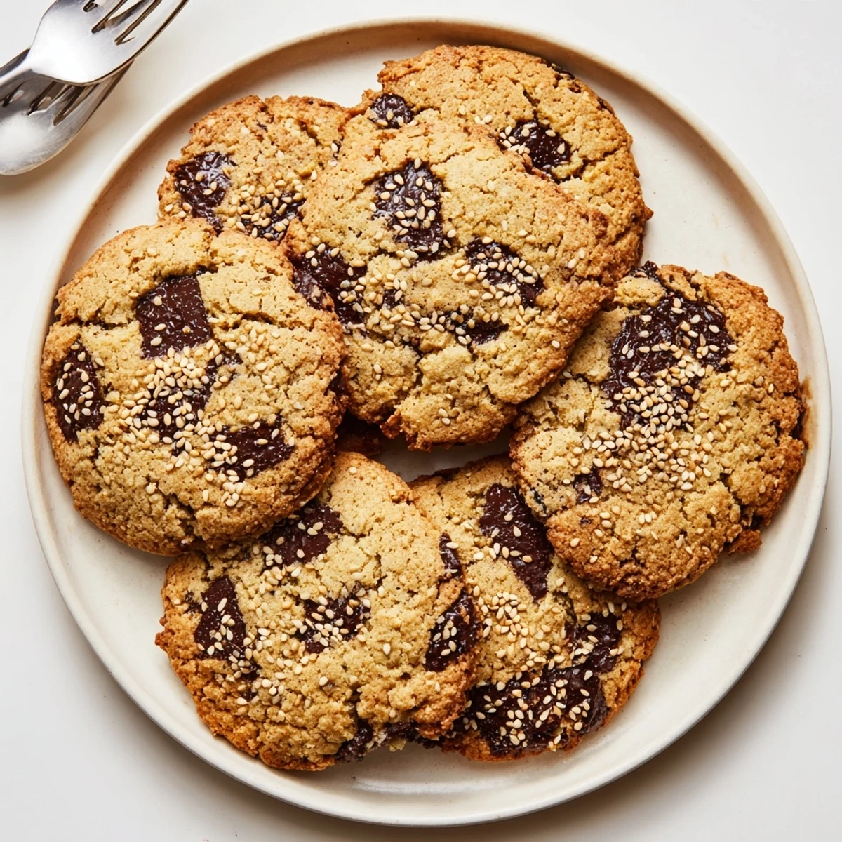 Golden brown keto toasted sesame chocolate chip cookies with melted dark chocolate chunks and nutty sesame seed topping on a wire cooling rack