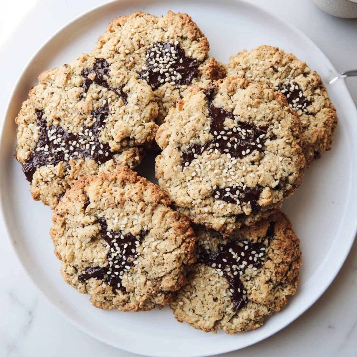 Stack of keto toasted sesame chocolate chip cookies featuring speckled sesame seeds throughout the dough and rich chocolate morsels for a guilt-free dessert