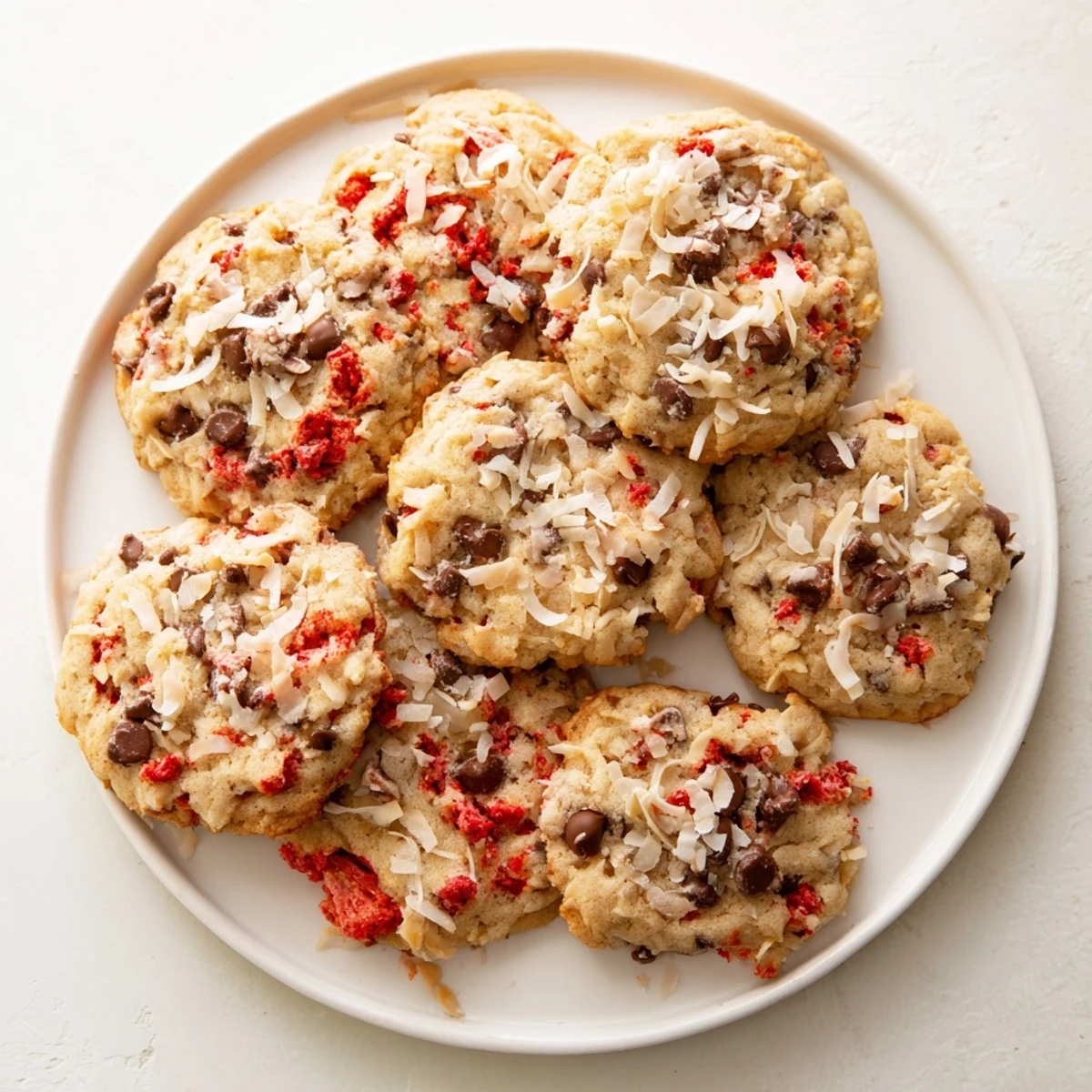 Soft vegan strawberry coconut chocolate chip cookies with melted chocolate chunks and pink berry pieces on a wooden board