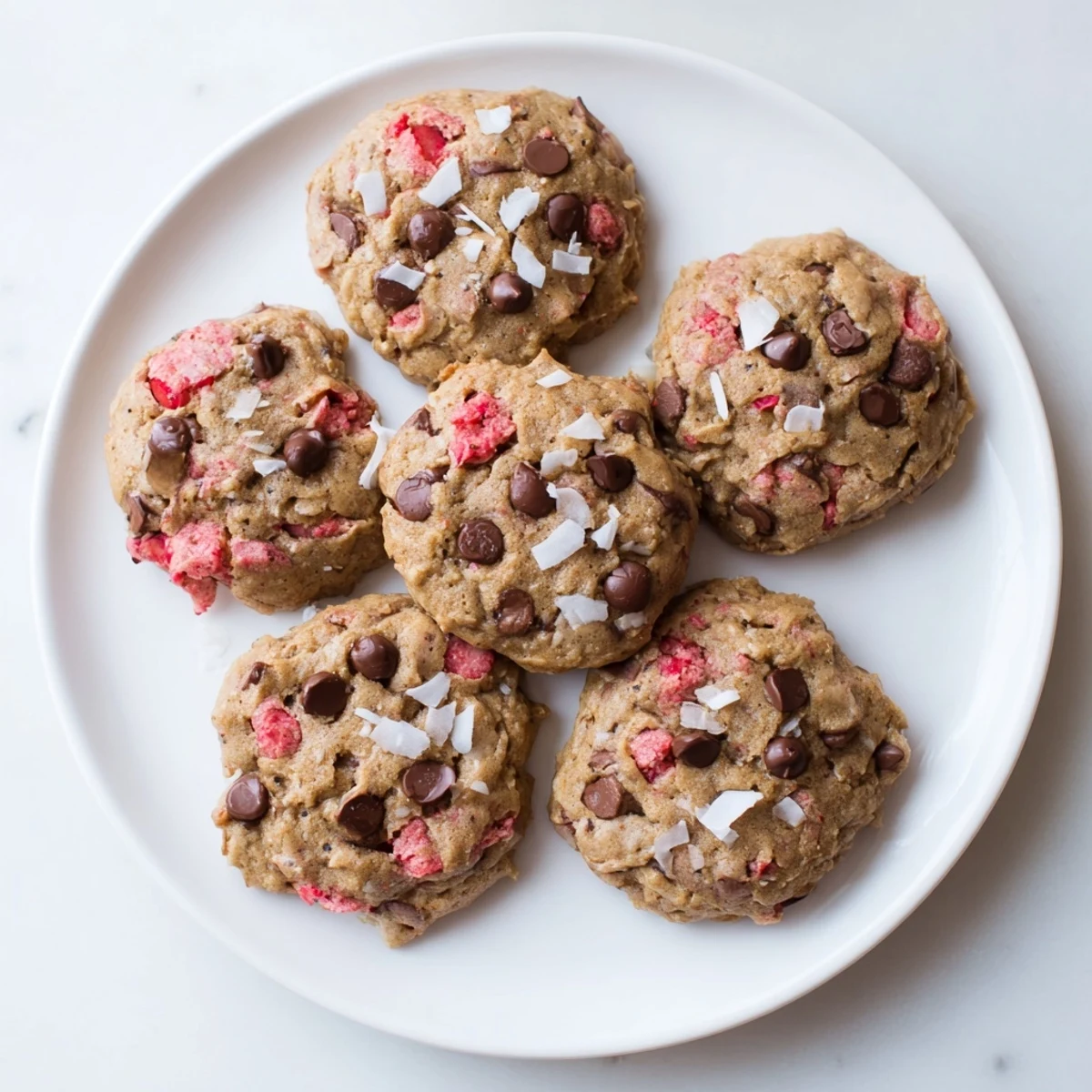 Golden-brown dairy-free cookies studded with shredded coconut freeze-dried strawberries and rich chocolate chips cooling on a wire rack