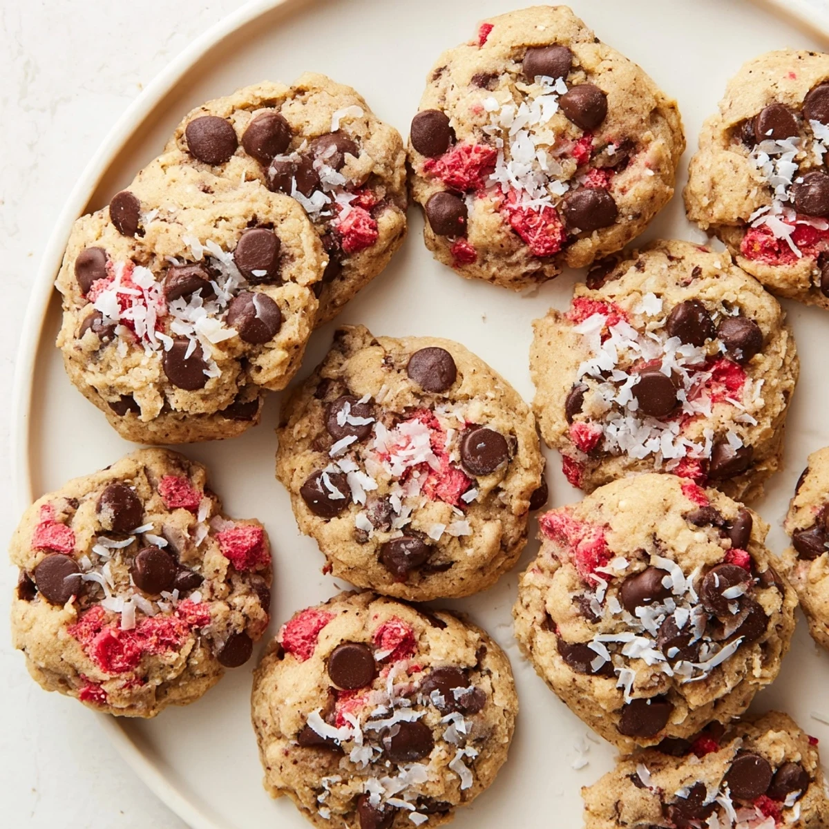 Chewy plant-based cookie close-up showing coconut flakes strawberry pieces and gooey chocolate chips against a neutral background