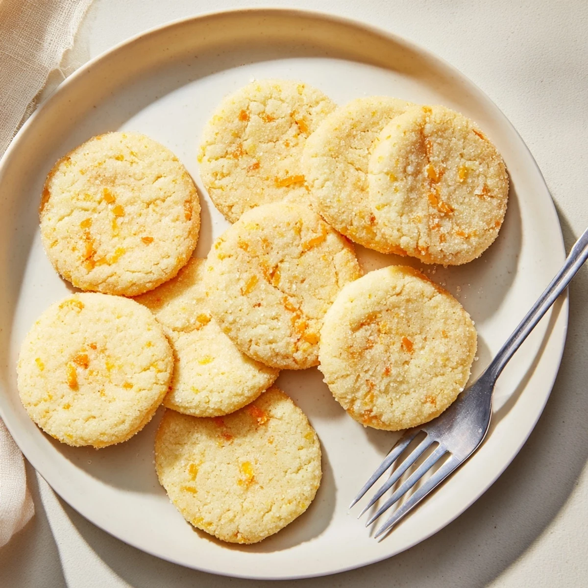 Golden gluten-free orange blossom sugar cookies with crinkled sugar coating on white plate