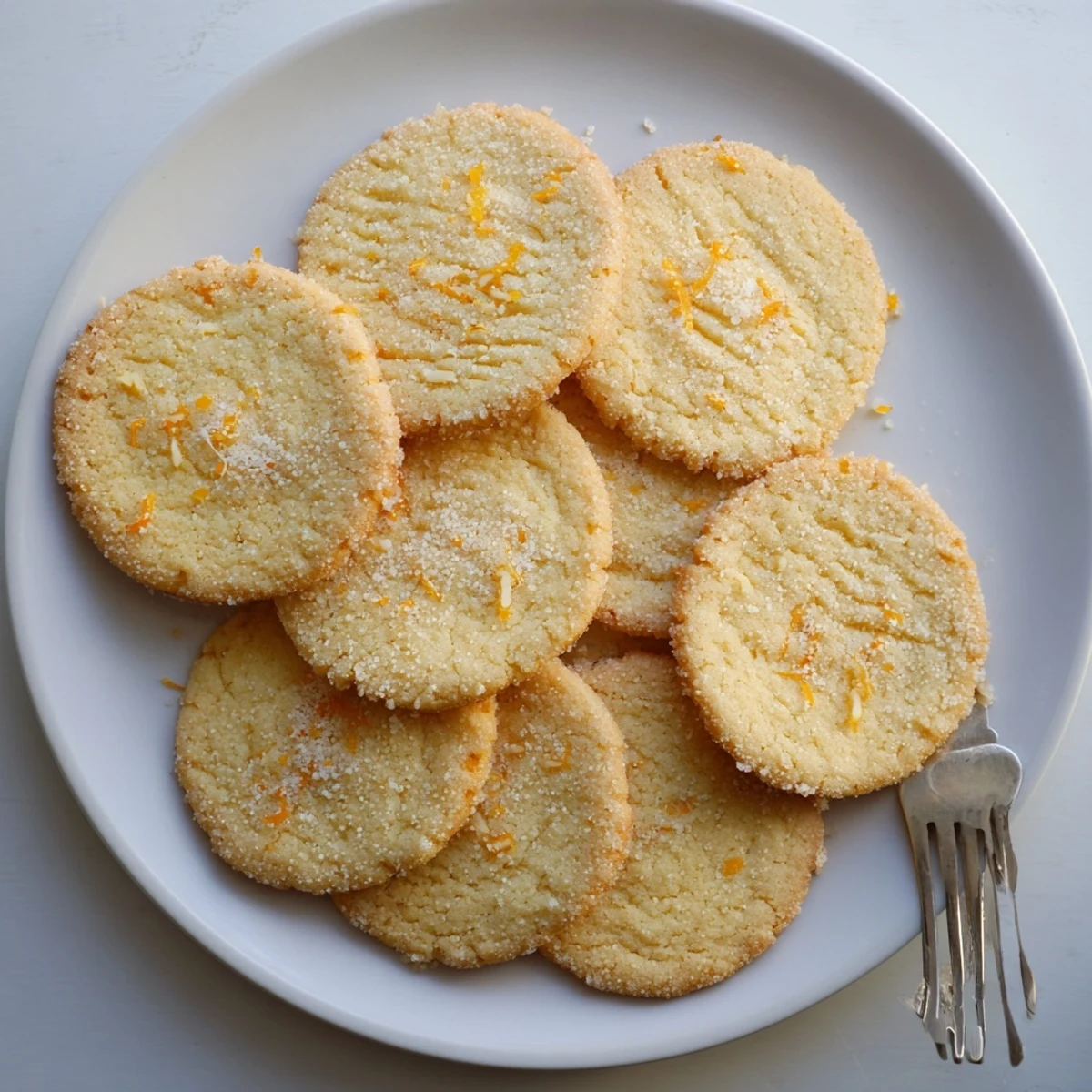 Stack of tender orange blossom sugar cookies dusted with sparkling granulated sugar