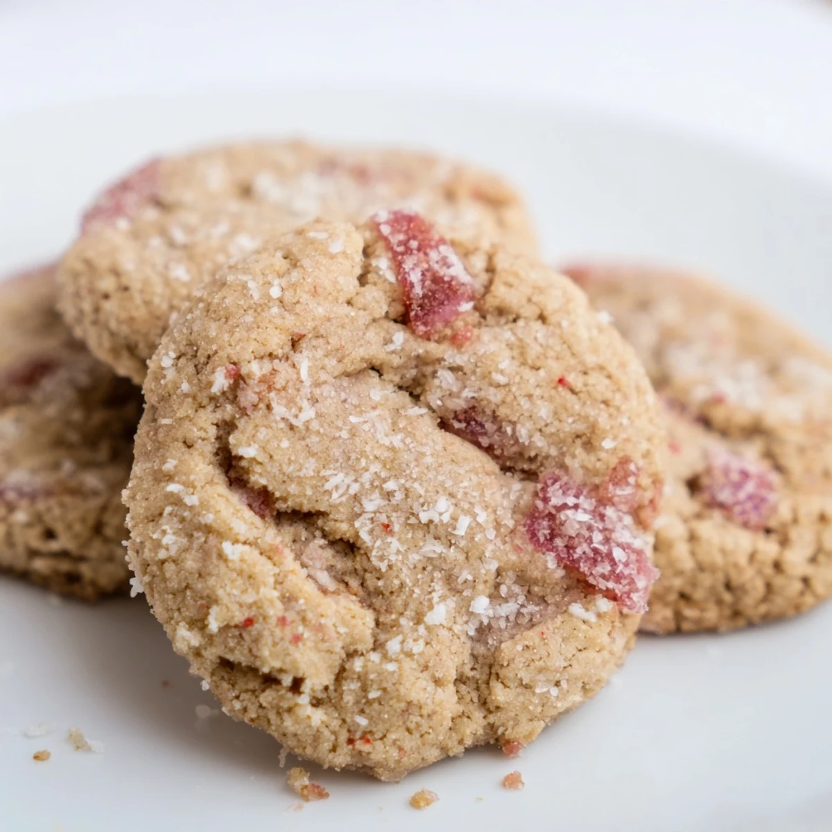 Chewy plant-based guava coconut sugar cookies topped with fluffy shredded coconut