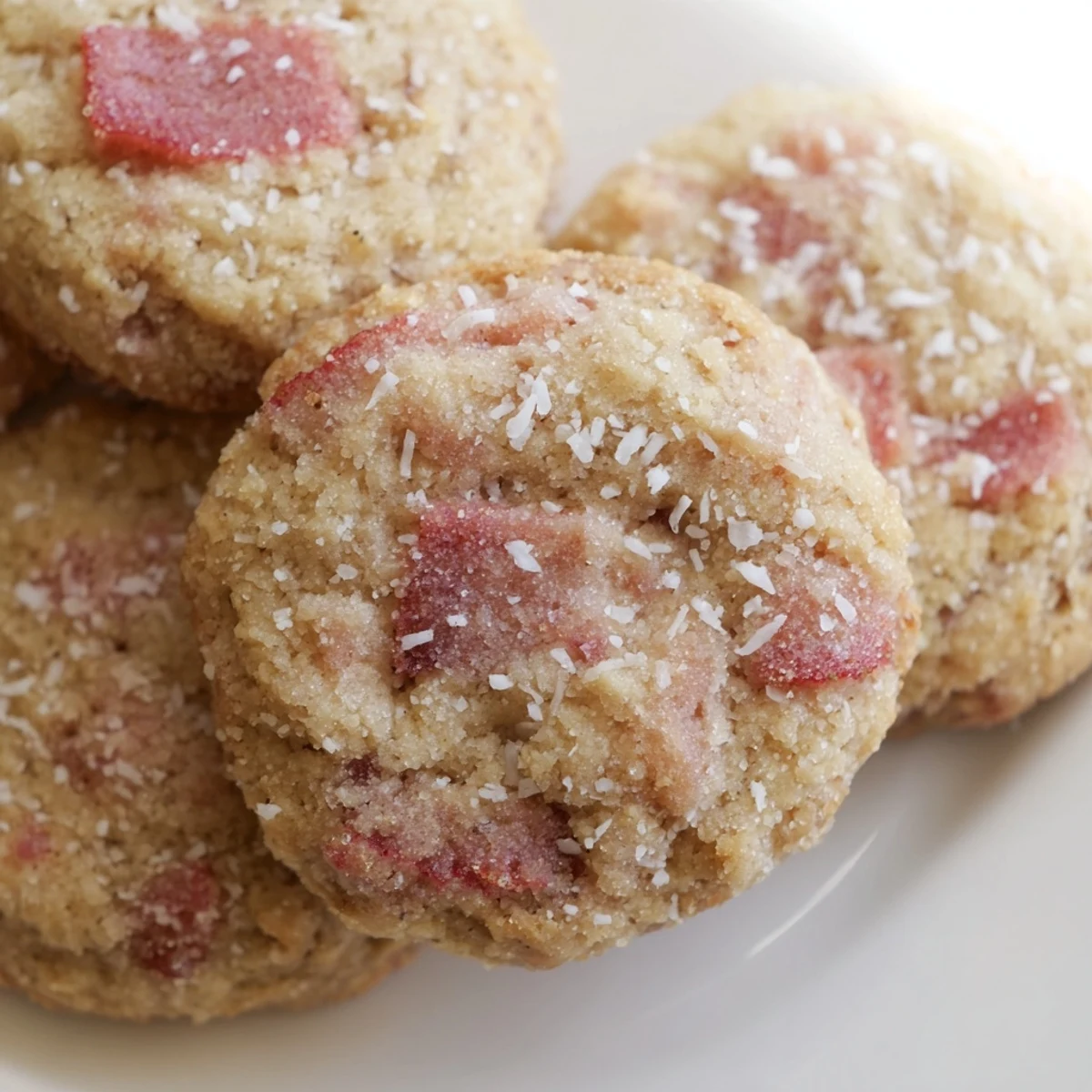 Crispy-edged vegan guava coconut sugar cookies on a white wire cooling rack