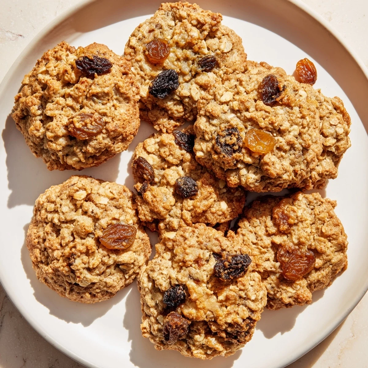 Golden brown fig honey oatmeal raisin cookies stacked on a wooden cutting board