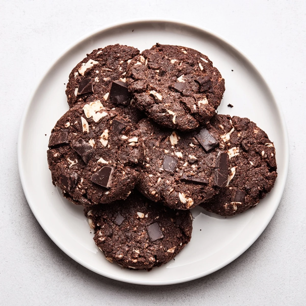 Freshly baked low-carb dark chocolate coconut cookies with crisp edges and soft centers cooling on a wire rack