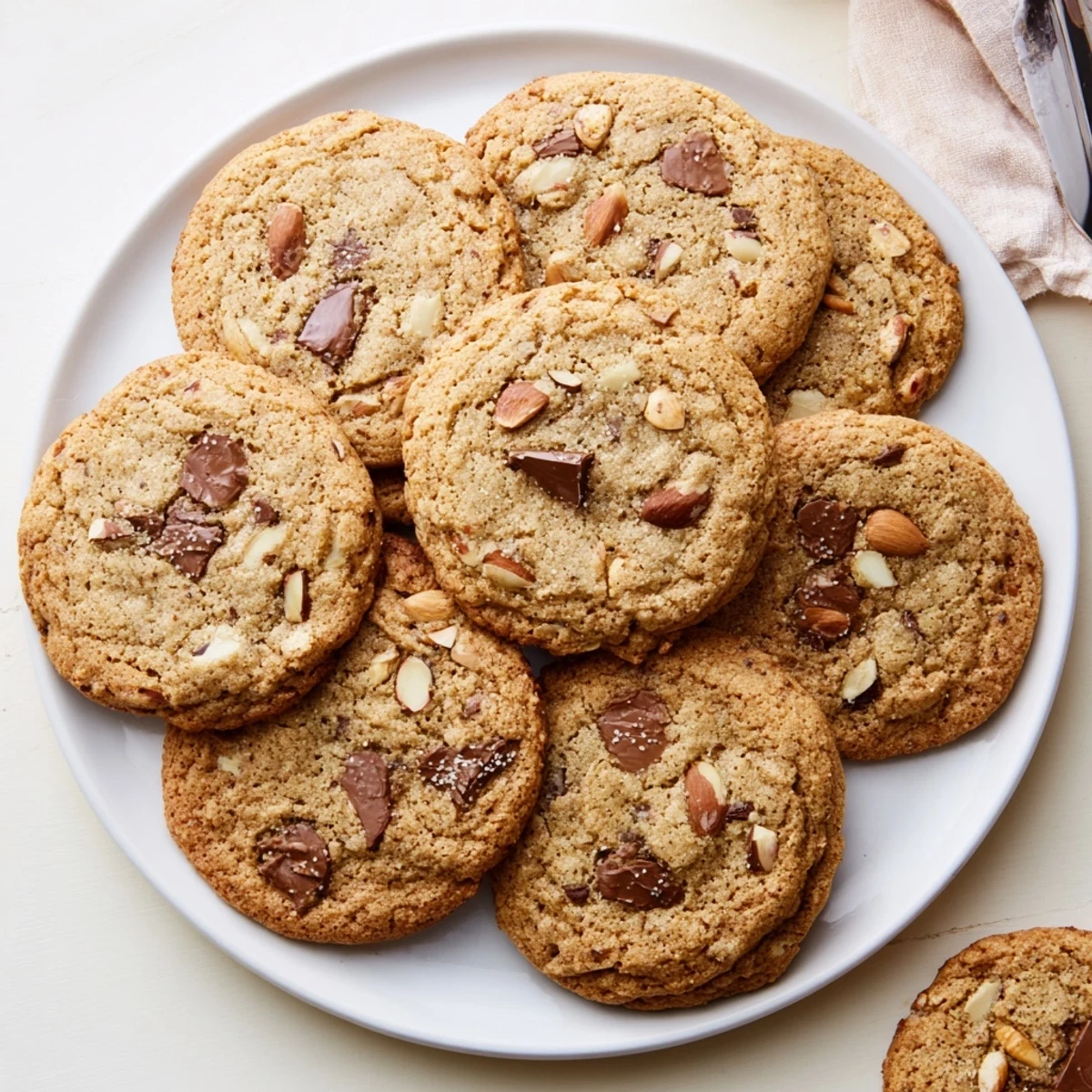 Freshly baked gluten-free toasted almond chocolate chip cookies featuring melted chocolate chunks and crunchy almond pieces on a wooden board