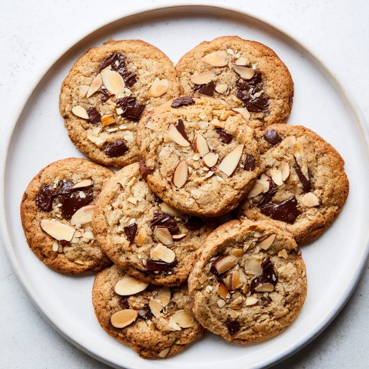 Stack of warm gluten-free toasted almond chocolate chip cookies showing golden brown edges and generous chocolate and almond distribution