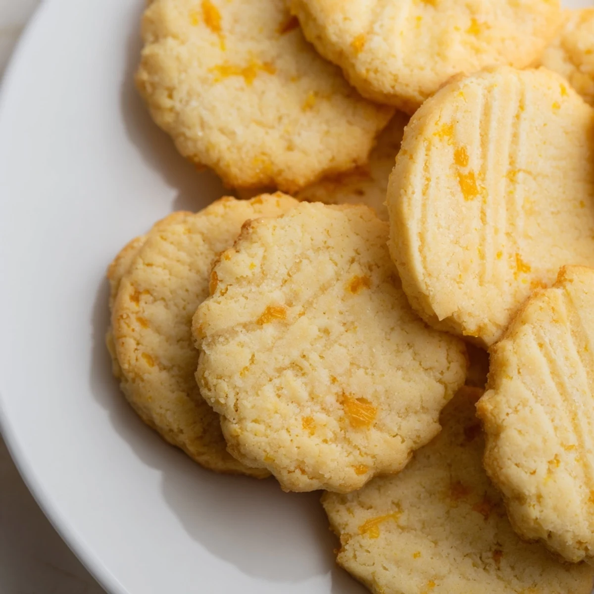 Golden keto orange zest butter cookies arranged on a white plate with fresh orange slices
