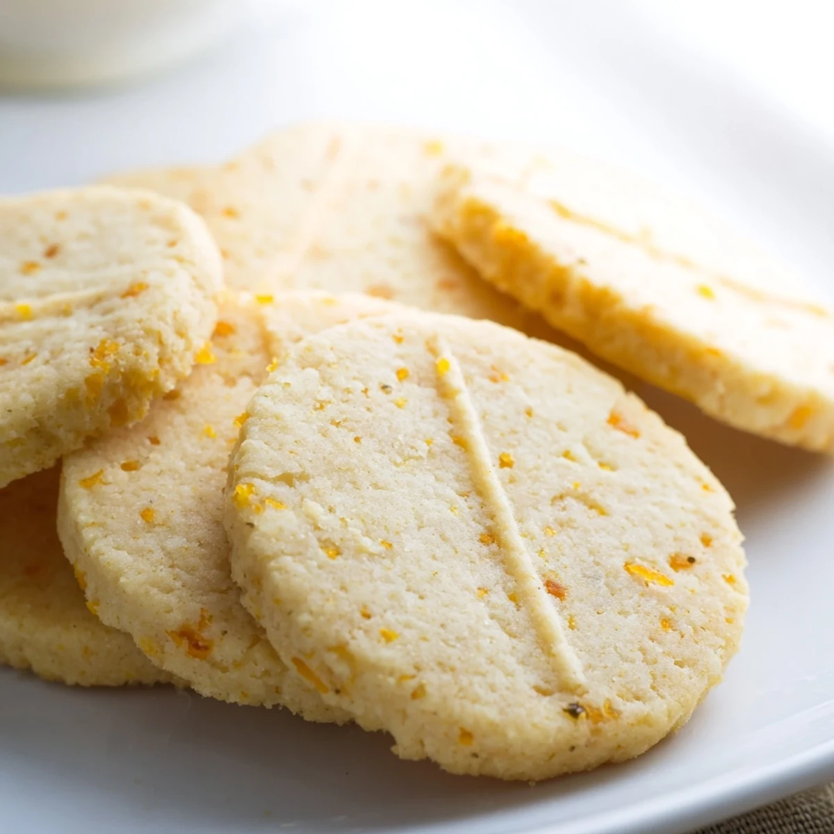 Close-up of buttery low-carb orange cookies cooling on a wire rack with visible citrus zest