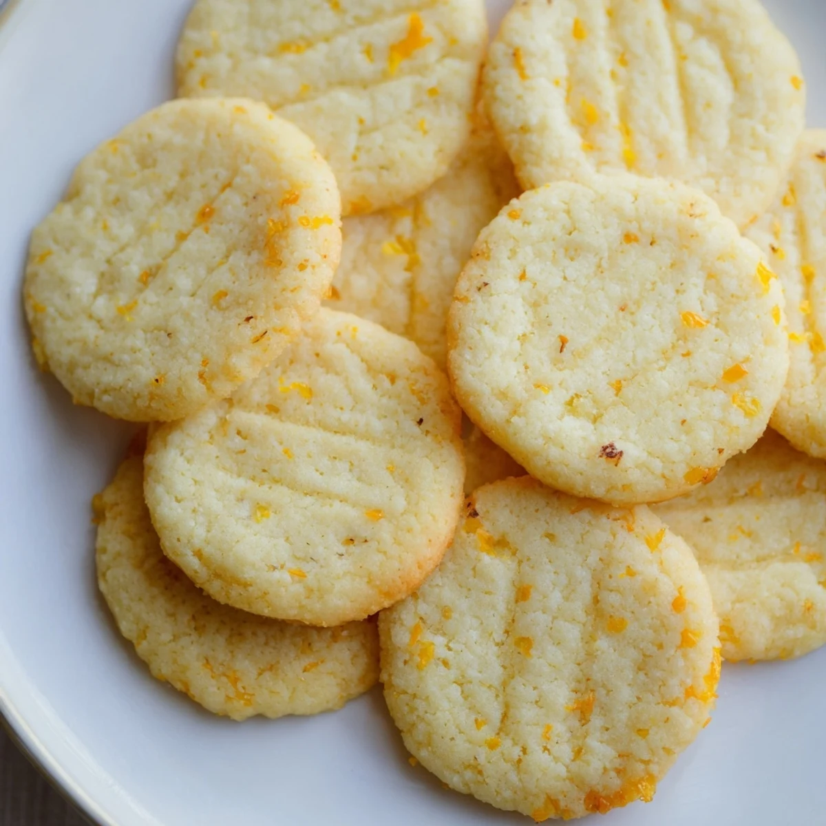 Stack of soft gluten-free orange zest butter cookies garnished with grated orange peel on wooden board