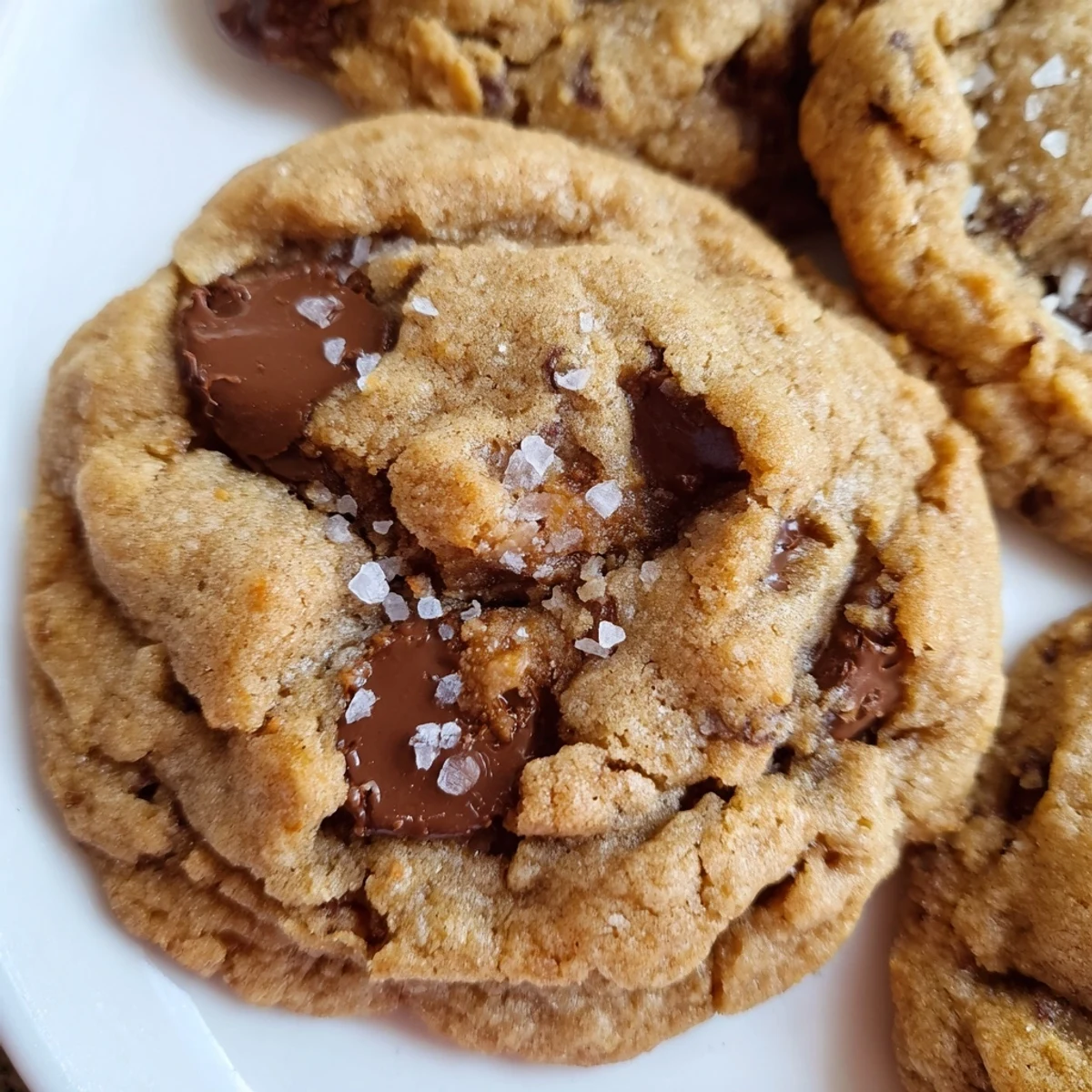 Golden brown chocolate chip cookies with molten chocolate chunks on a wooden board