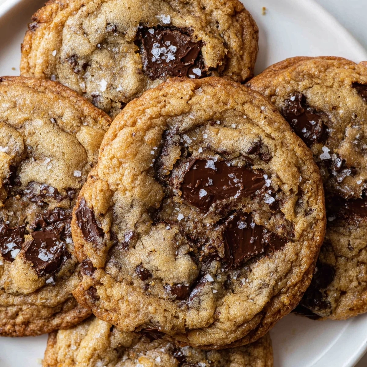 Warm gooey chocolate chip cookie with flaky sea salt on a baking sheet