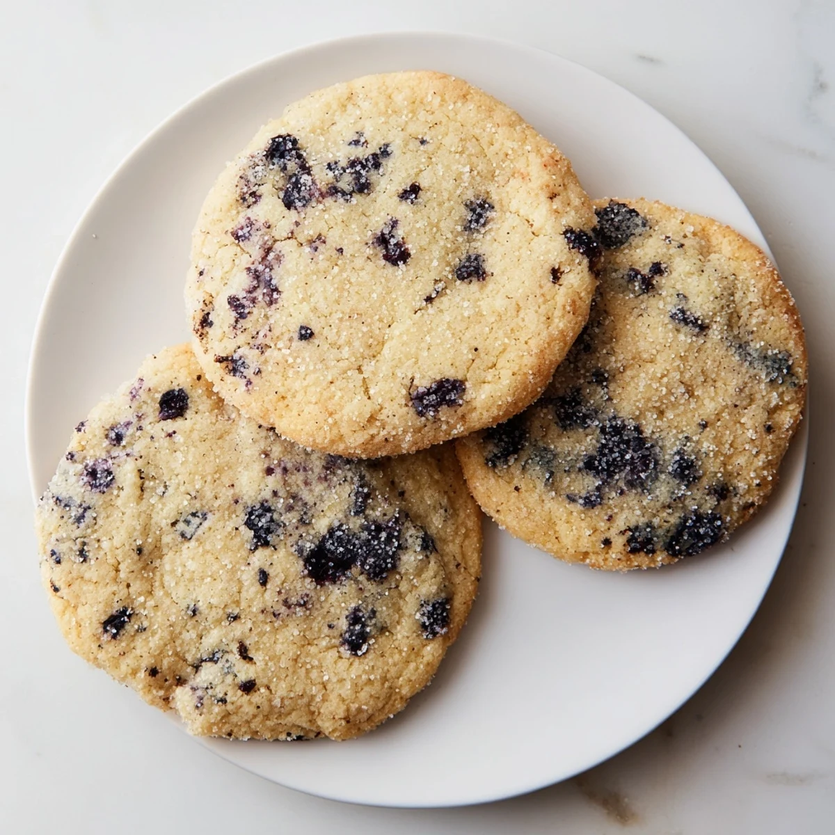 Soft vegan blueberry vanilla sugar cookies with golden edges and juicy purple berries scattered throughout the chewy dough