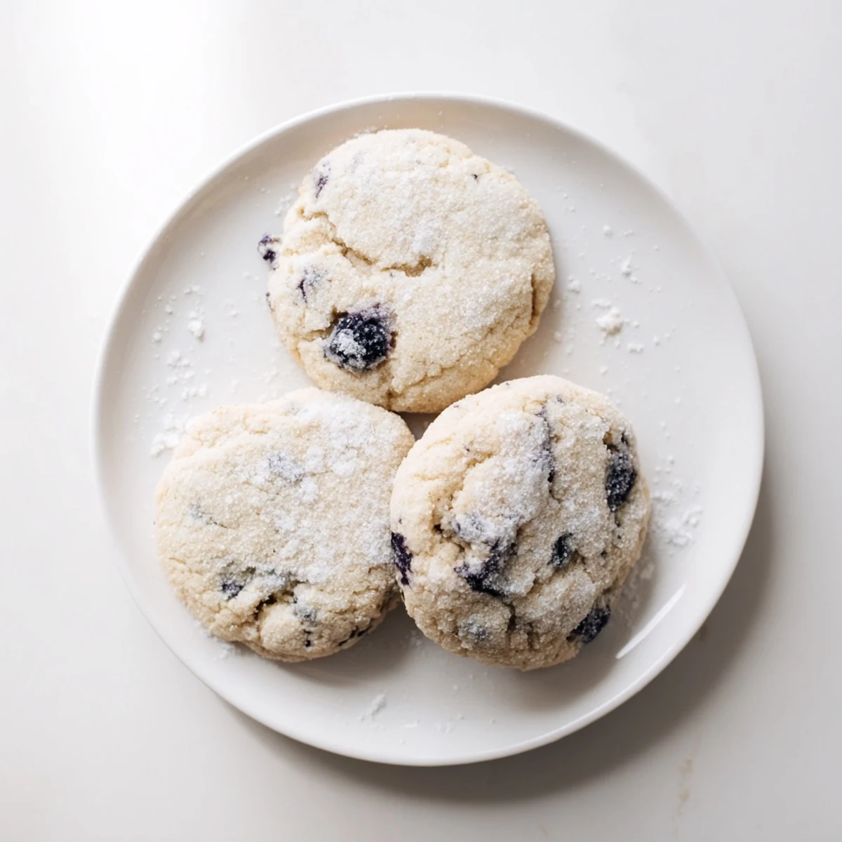 Vegan blueberry vanilla sugar cookies cooling on a wire rack, topped with sugary crust and plump fruit pieces