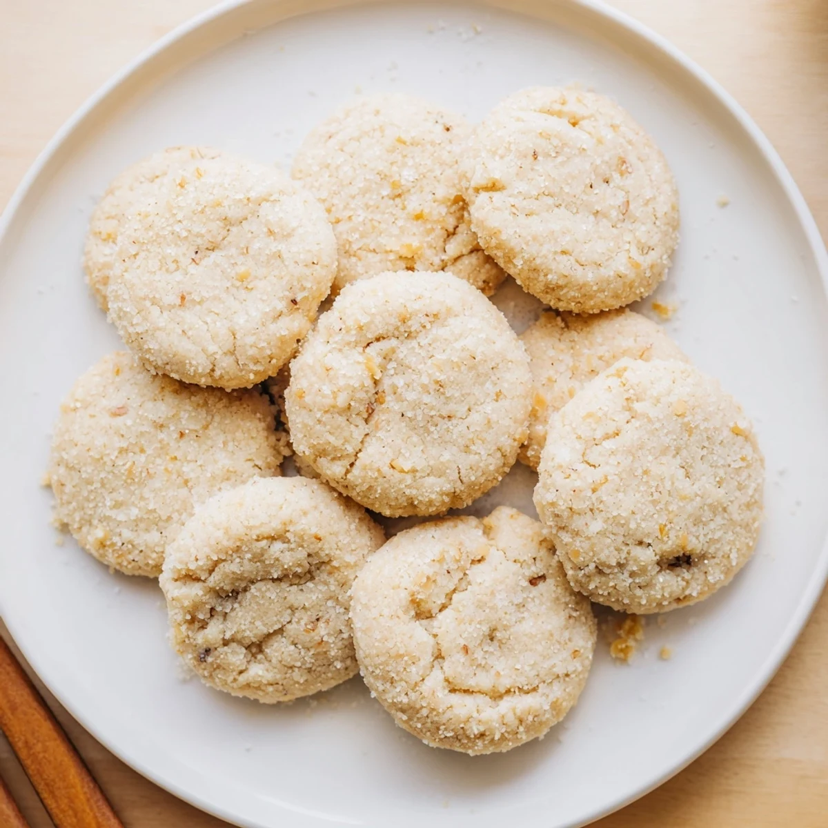 Soft vegan lemon coconut sugar cookies with golden edges and sugar coating on a white plate