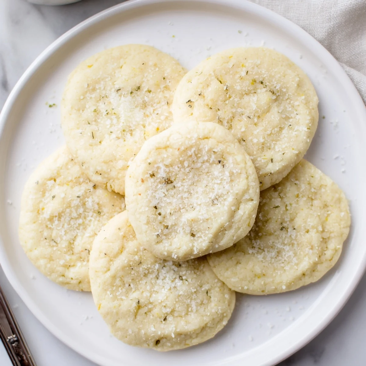 Freshly baked plant-based lemon coconut sugar cookies stacked with shredded coconut visible in the crumb