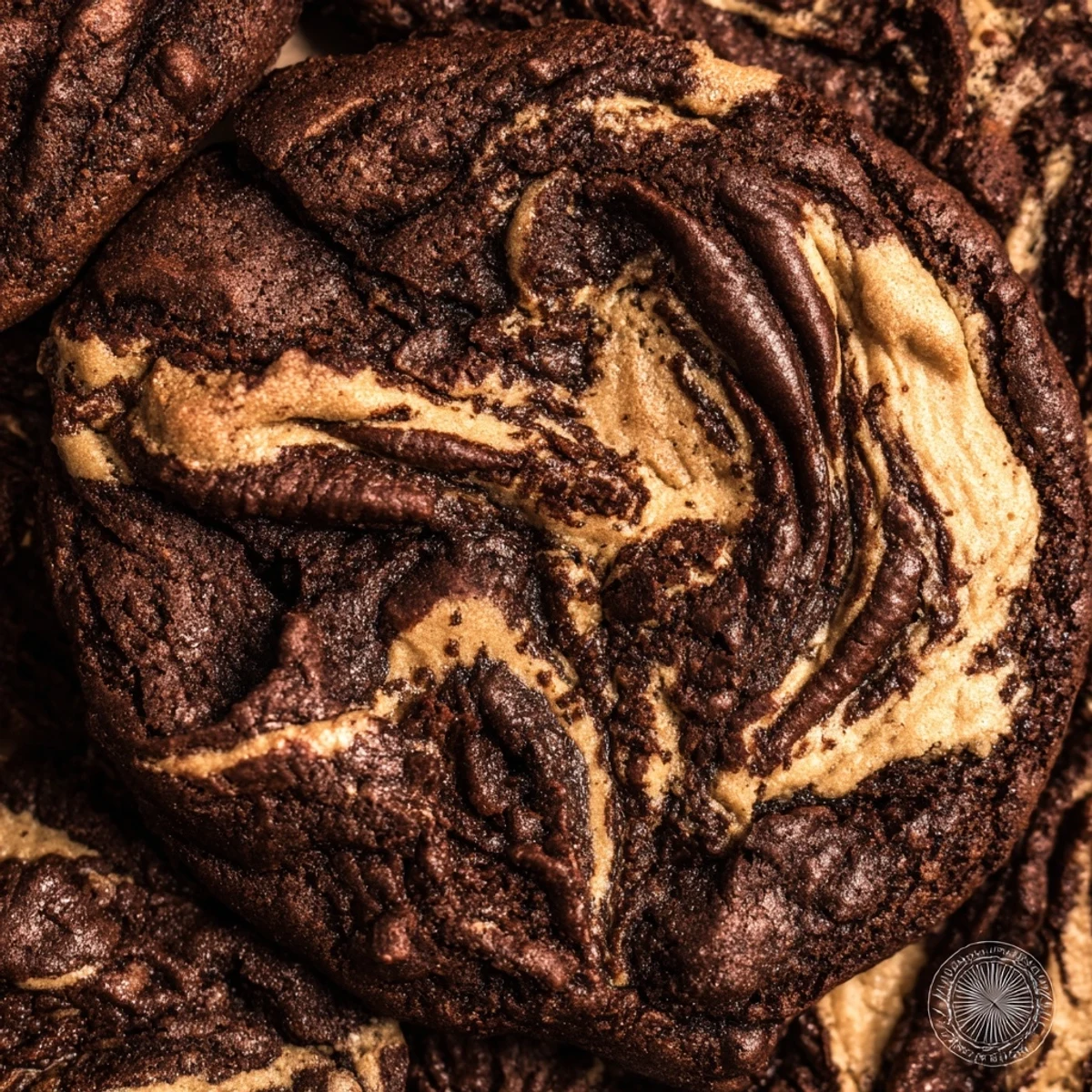 Chewy keto chocolate peanut butter swirl cookies with marbled dough fresh from the oven
