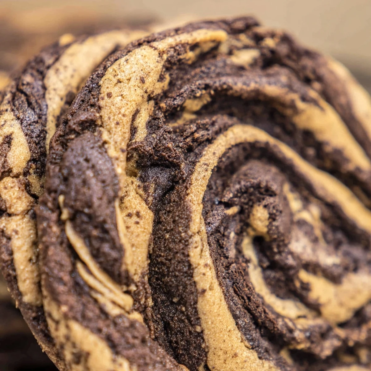 Golden low-carb chocolate peanut butter swirl cookies cooling on a wire rack with rustic texture
