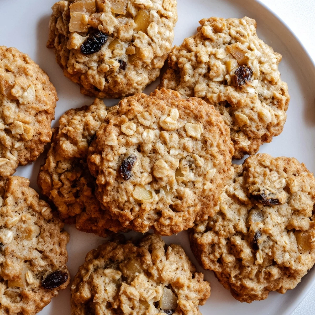 Soft golden pear cinnamon oatmeal raisin cookies stacked on a rustic wooden cutting board
