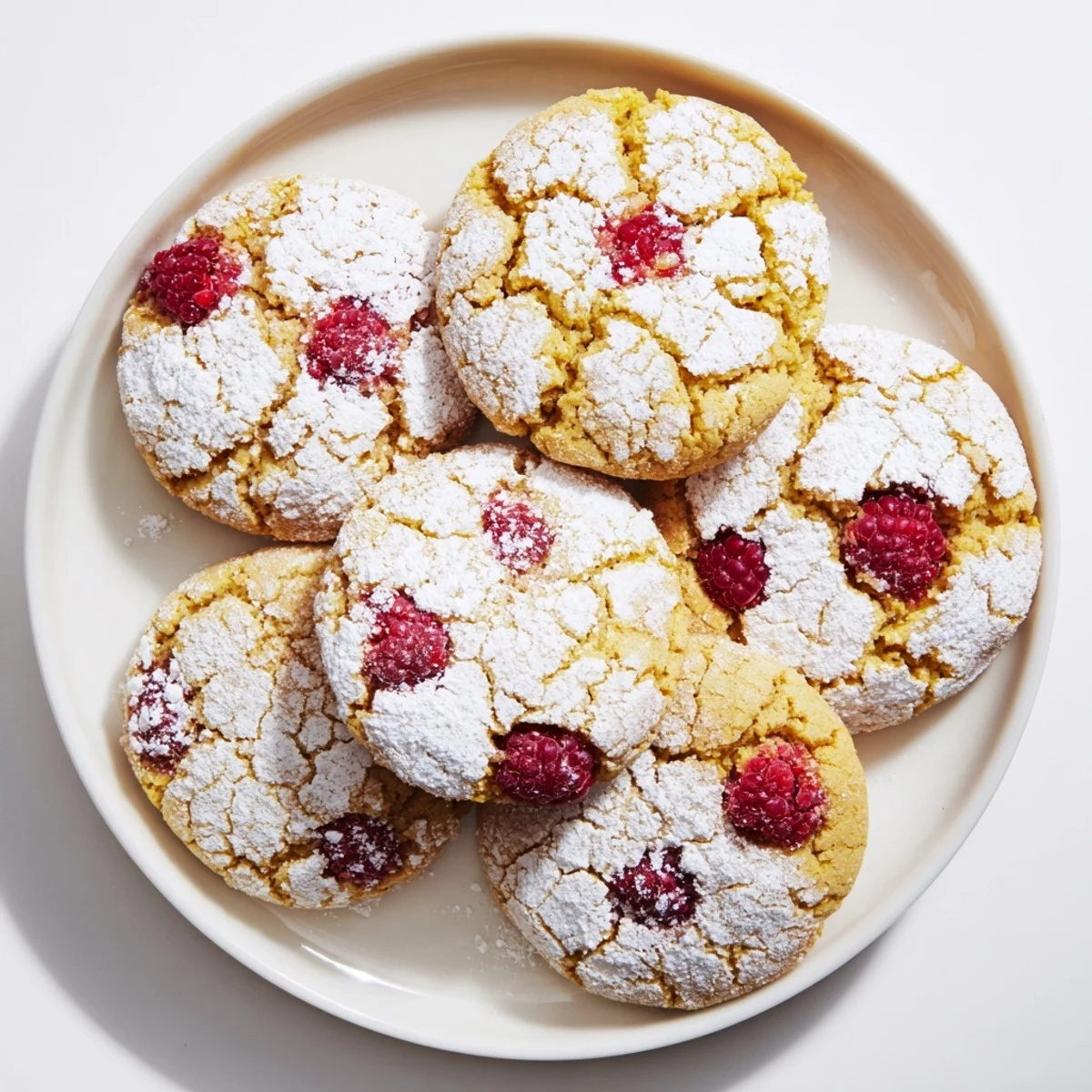 Golden gluten-free lemon raspberry crinkle cookies cooling on wire rack with crackled white tops