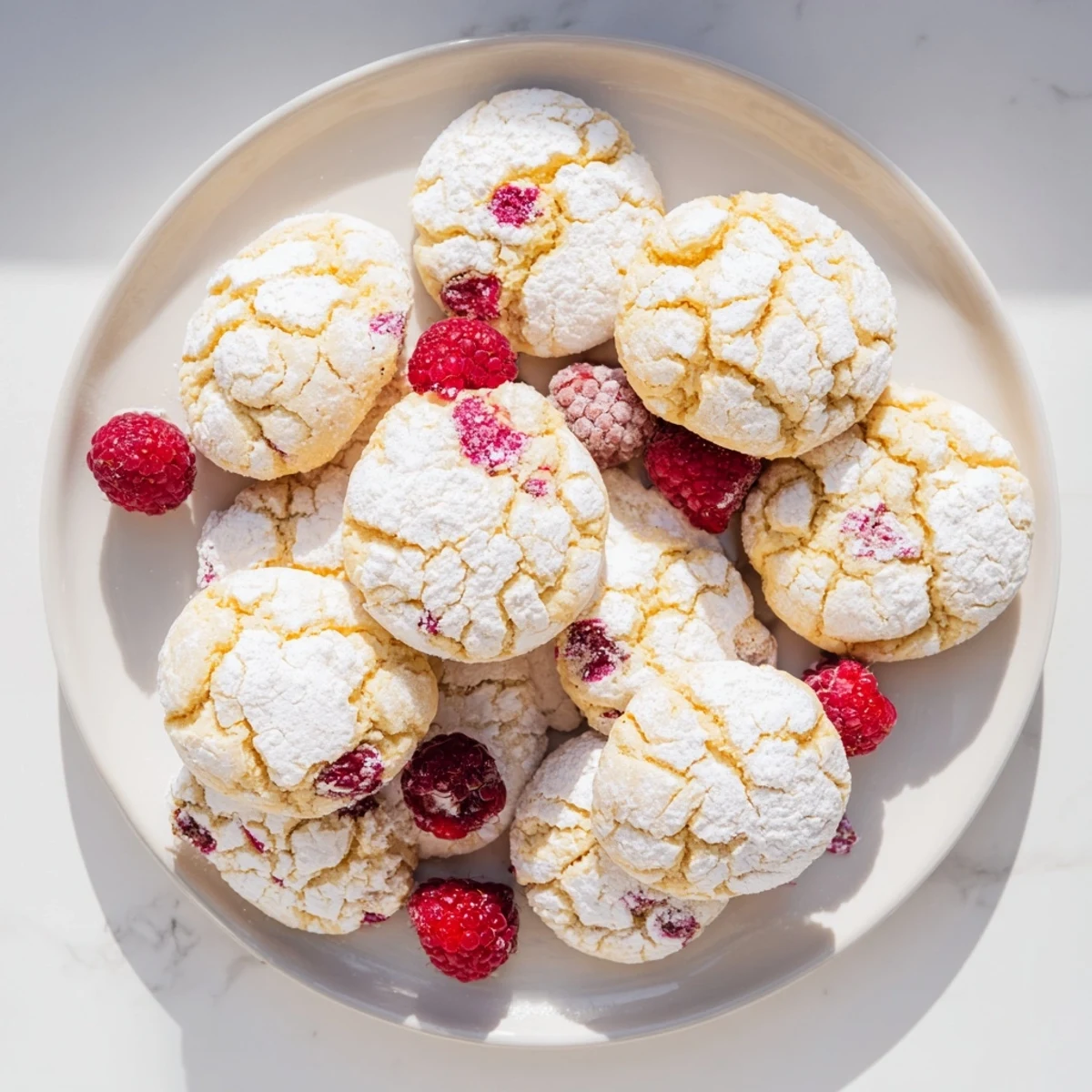 Soft gluten-free lemon raspberry crinkle cookies with powdered sugar coating and red berry bits