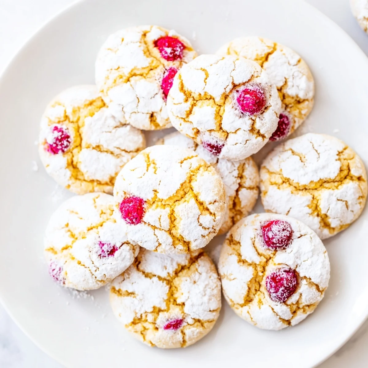 Plate of zesty gluten-free lemon raspberry crinkle cookies featuring bright raspberry pieces and sugary cracks