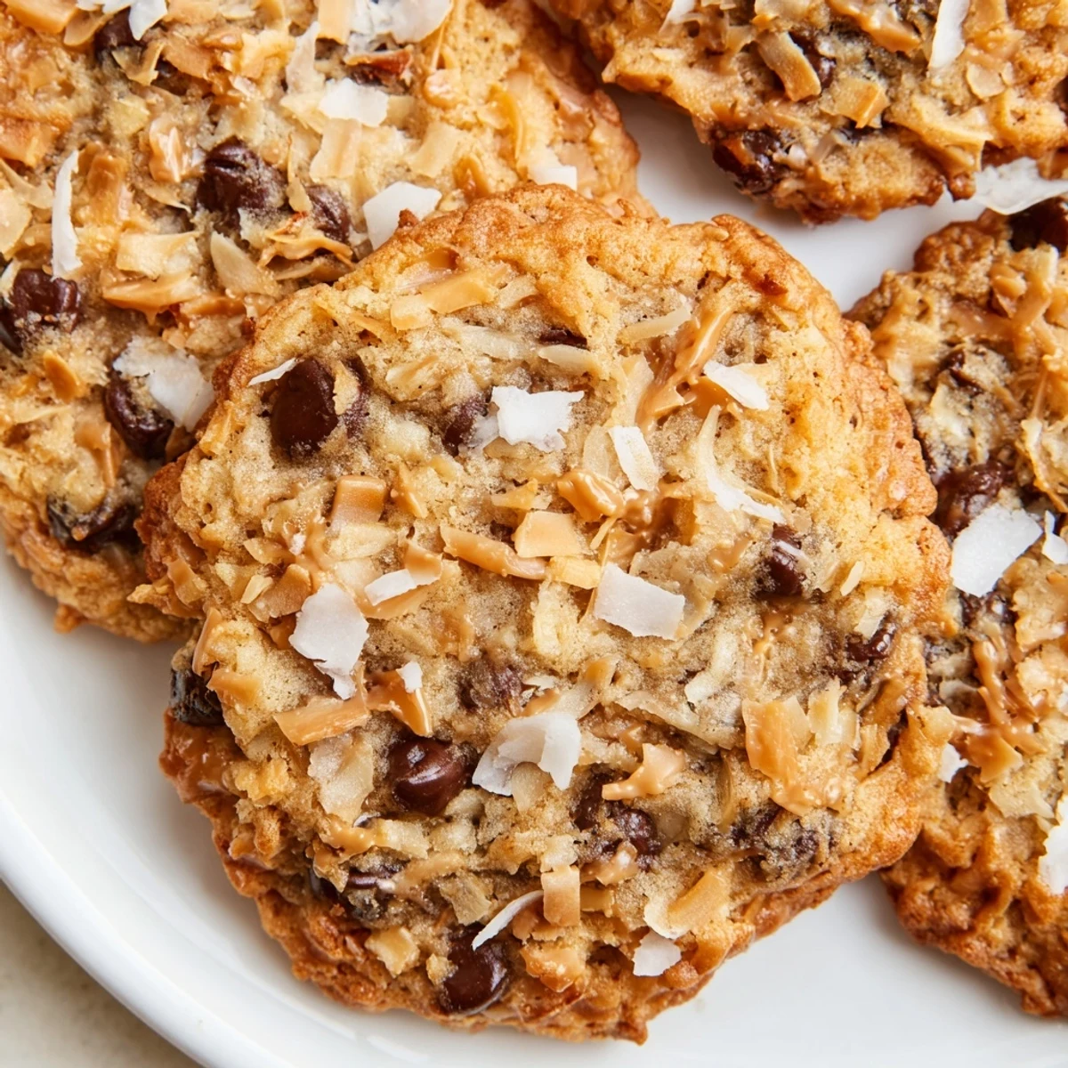 Chewy gluten-free coconut caramel chocolate chip cookies fresh from the oven with melted chocolate visible