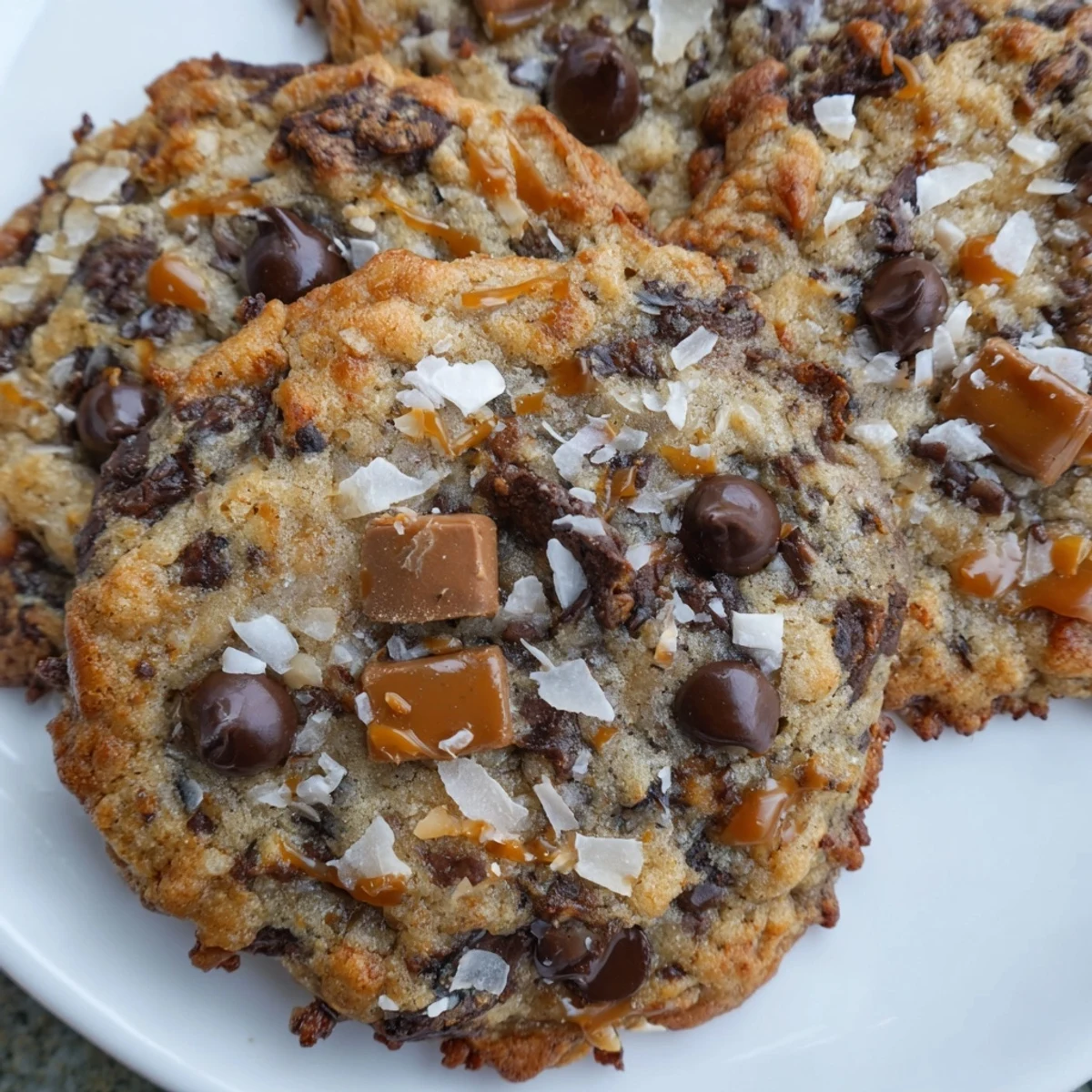 Golden gluten-free coconut caramel chocolate chip cookies stacked on a white serving plate